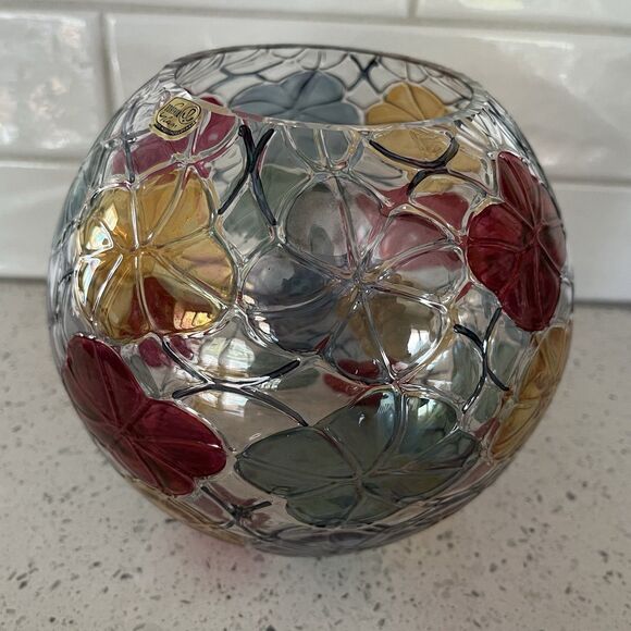 Hand Blown Clear Glass Bohemia Vase Made in Czech 6" Tall Hand Painted Flowers - Picture 6 of 8